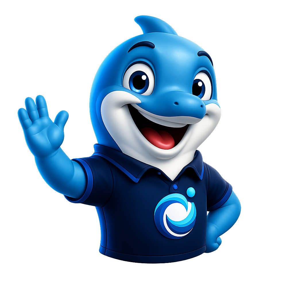 Mascote Oceano Tecnologia acenando
